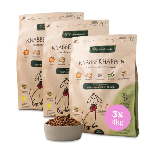 Hunderunde – Trockenfutter für Hunde 3x4kg – Knabberhappen Alleinfutter I vollwertig & pflanzlich I Kann die Verdauung & Fellglanz unterstützen I Kartoffel, Erbse, Leinsaat UVM.