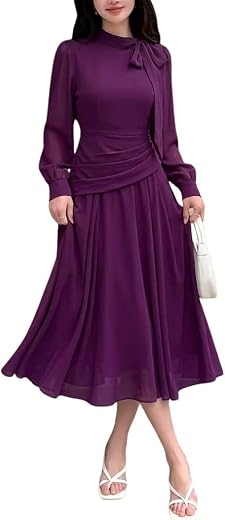 SMOWKLY Women Elegant Midi Dress | Long Sleeve Fit & Flare Dress Western Dress for Women | Office, Evening, Casual & Occas...