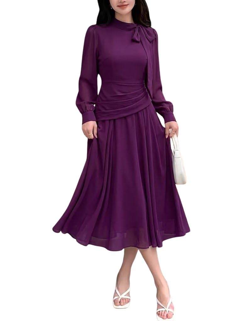 SMOWKLY Women Elegant Midi Dress | Long Sleeve Fit & Flare Dress Western Dress for Women | Office, Evening, Casual & Occas... - Review, Price and Buying Guide
