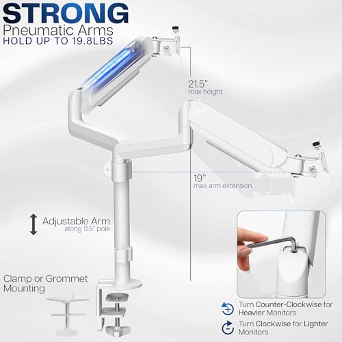 Image of VIVO 17 to 32 inch Dual Pneumatic Monitor Mount, 2 Pneumatic Arms, Adjustable Swivel, Rotation, Heavy Duty VESA Desk Stand with C-clamp, Grommet, Max VESA 100x100, White, STAND-V002KW