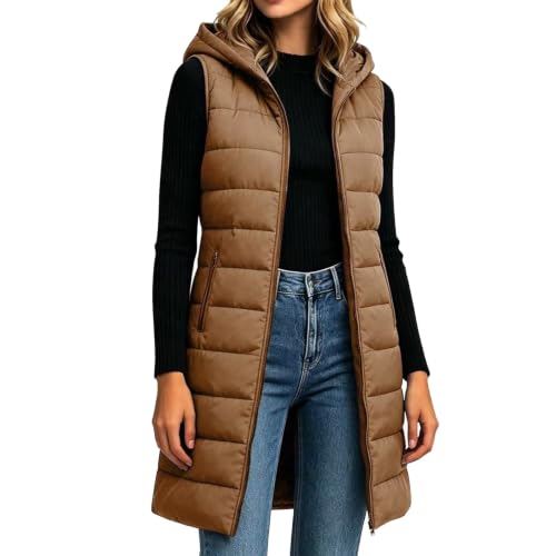 Warm Coat Long Puffer Vest Women Quilted Hooded Sleeveless Jakcets Khaki - image 2
