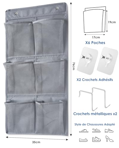 Domemit Range Chaussures Suspendu Camping Car, Rangement Chaussure Porte pour Caravane avec Auto-adhésif, 6 Grandes Poches en Filet pour Armoire et Porte étroite, Organisateur de Chaussures-Lot de 1 – vue 2