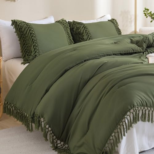 Image of Andency Olive Green Comforter Set Queen, 3 Pieces Boho Tassel Lightweight Soft Bedding Comforter Sets, All Season Fluffy Fringe Bed Set (90x90In Comforter & 2 Pillowcases)
