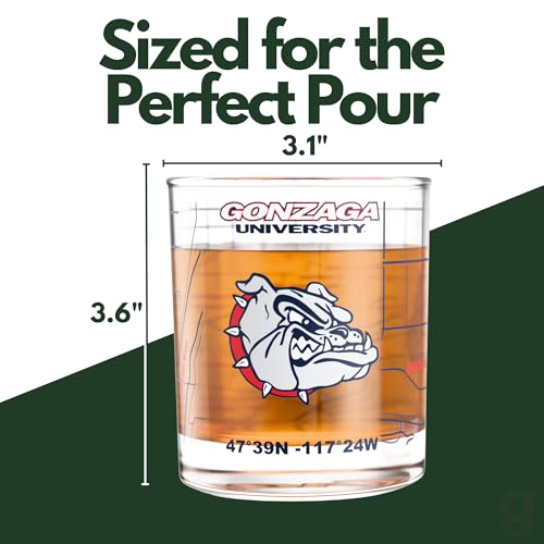 Image of Greenline Goods University of Gonzaga Bulldogs Whiskey Glasses Set of 2, 10 oz Rocks Glasses with Full-Color Logo & Campus Map - Officially Licensed Bourbon Glass Gift for Alumni & Fans