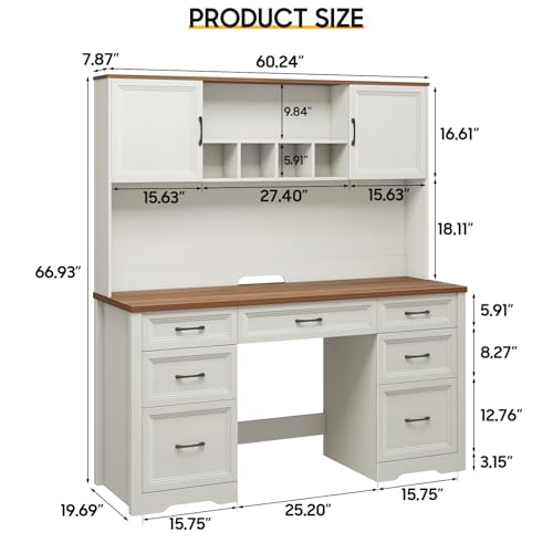 Image of Vabches Farmhouse Executive Desk with 7 Drawers and Storage Cabinet, Rustic Large Home Writing Desk with Hutch, Workstation for Bedroom, White
