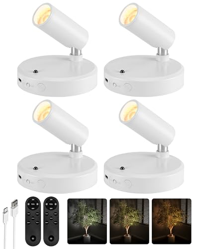 Image of EZVALO Spot Lights Indoor, 5500mAh Rechargeable Plant Spotlights with Remote, Wireless Mini Art Accent Light with Timer & Dimmable, 3-CCT, Uplights Indoor for Plants, Display, Artwork (4-Pack-White)