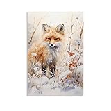 Rustikaler Fuchs auf Leinwand, Motiv: Schnee, Vintage, 