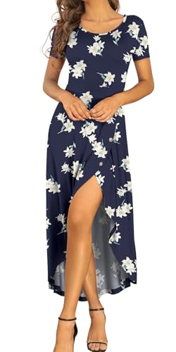 AYIFU Womens Summer Dresses High Low Slit Hem Casual Short Sleeve Maxi Dress with Buttons