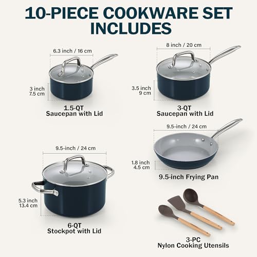 Cook N Home Pots and Pans Set Non Stick, 10-Piece Hard Anodized Nonstick Ceramic Cookware Set, Induction Cookware Cooking Set with Stay-Cool Handles, Nylon Kitchen Utensils, Blue - Image 3