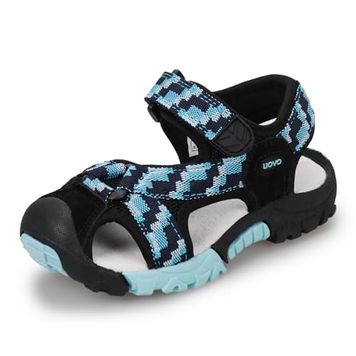 UOVO Boys Sandals Anti-Slip Summer Outdoor Shoes Toe Protection Breathable Leather Lining Black Blue Size 8.5UK Little Kid 26EU