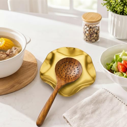 Image of VanlonPro Stainless Steel Spoon Rest, Spatula Ladle Holder, Stainless Steel Utensil Spoon Rest Holder, Brushed Finish, Dishwasher Safe 5.9 Inch (Flower Gold 1PC)