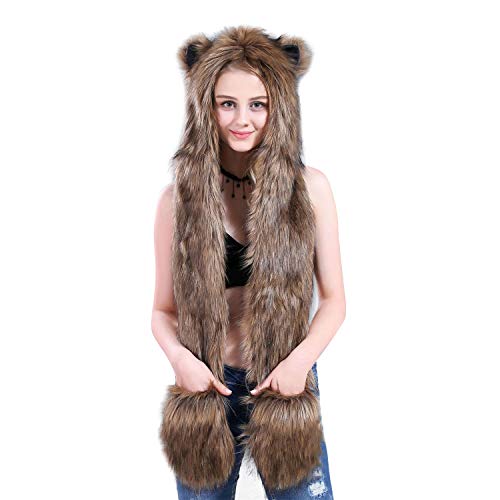 Faux Fur Animal Hat Plush Warm 3-in-1 Hat Scarf Gloves Set Winter Hood Cap for Halloween Xmas Cosplay Party