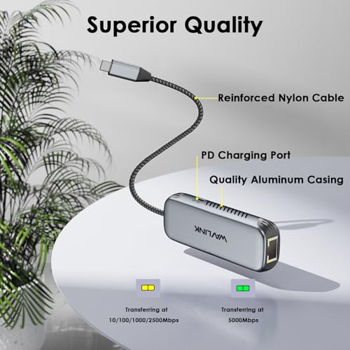 WAVLINK USB C to 5G Ethernet Adapter mit 95W PD, USB C Adapter mit 5000 Mbit/s, Ethernet Netzwerkadapter für Laptops, Computers, Kompatibel mit Windows 10/11, Mac OS 11 oder höher, Linux und mehr