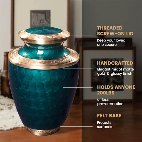 Image of Cremation Urn for Human Ashes - Adult Brass Urn for Men or Women up to 200lbs - Handcrafted Memorial Burial Container - Suitable for Funeral or Display