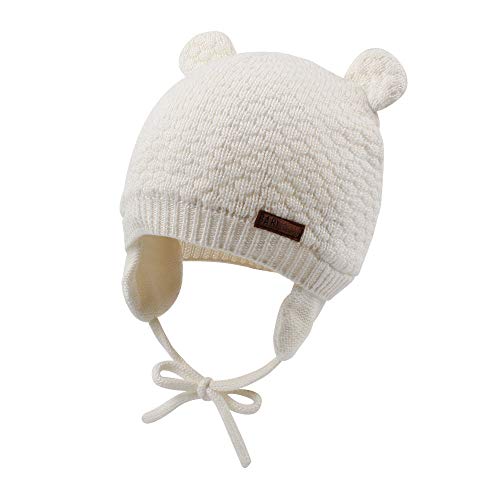 JANGANNSA Cute Knitted Boys Girls Christmas Beanie Warm Earflap Winter Hat Cotton Lined Baby Beanie Infant Toddler Girls Bonnet 0-2Y (0-6 Months, Beige)