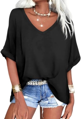UNCLECAT Women's V Neck Oversized T-Shirts Summer Short Sleeve Shirts Loose Casual Tops Tee