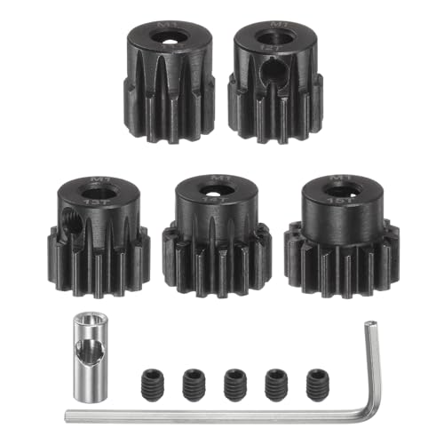 QUARKZMAN Juego de Piñones M1 Mod1 para Eje de 5 mm- 11T 12T 13T 14T 15T - Piñones de Motor de Acero Endurecido con Acoplador de 3.17 mm para Coche RC (5 Unidades)