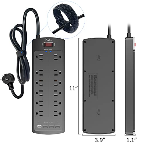 Surge Protector Power Bar, Nuetsa 12 Outlets Power Strip and 4 USB Ports(3U1C), 6Ft Flat Plug Extension Cord (1875W/15A) Dorm Essentials, 2700 Joules, ETL Listed,Black image 6