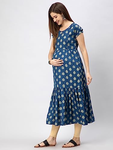 Image of CEE 18 Women's Cotton A-line Maternity Feeding Kurti with Zippers (9667 40,Divine Blue,Large)
