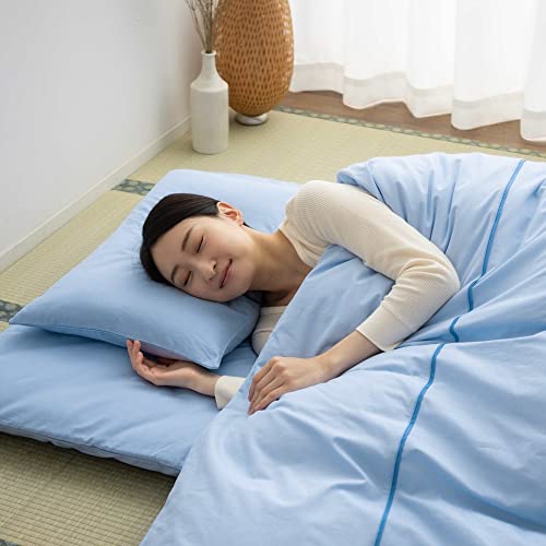 Emoor Japanese Futon Cover Set Presso (Mattress & Comforter Zip Cover And Pillowcase) Twin/Twin-Long Size (Saxblue), Zipper-Closure, Made Injapan 100% Cotton Tatami Floor Sleeping Mat Bed Linen #TOP1