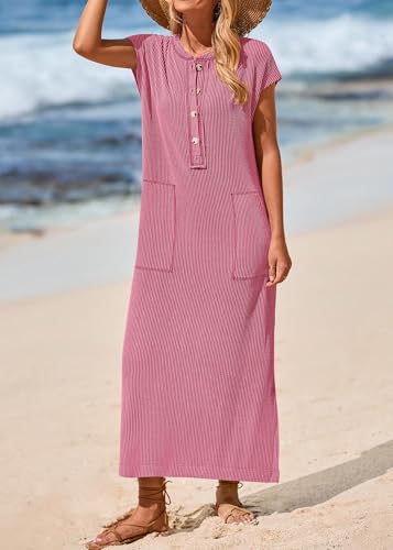 Image of KIRUNDO Womens Summer Ribbed Knit Short Sleeve Maxi Dress | 2026 Spring Henley Button Up Knitted Tshirt Dress, Loose Beach Vacation Sundress, Teacher Dress, Loose Fit Nursing Friendly