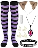 Funnysoft 5 Pcs Halloween Costume Accessory Wolf Costume Kit Includes Wolf Ears Purple Striped Socks Crystal Necklace Leather Choker Vampire Fangs Fake Teeth for Women Adults Halloween Cosplay Party