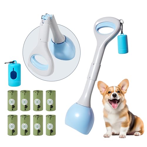 Image of Dog Pooper Scooper Portable with Bag Attachment, One Handed Foldable Design, Includes 120 Waste Bags and Dispenser, 19 Inch Handle for Grass Yard Gravel Cleanup (Blue)