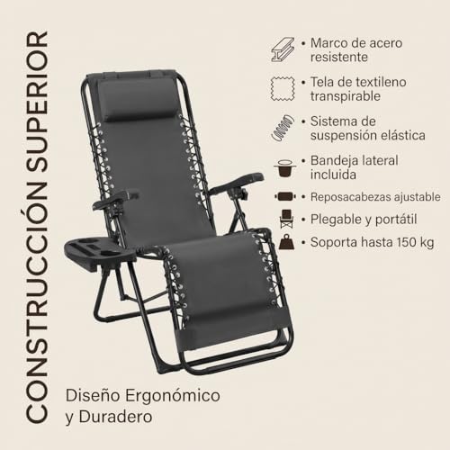 Miniatura 5 de Weida Home Tumbona Plegable Para Exterior Reposapiés Y Cojín Ajustable Silla Reclinable Bandeja Lateral Para Bebidas, Móvil Y Libros Para Terraza, Camping, Playa, Piscina Gris