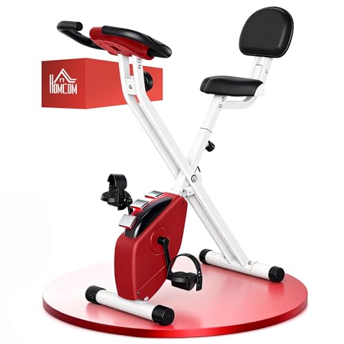 HOMCOM Folding Exercise Bike, Fitness Bicycle Indoor Trainer, Quiet 8-Level Magnetic Resistance, with LCD Monitor, Pulse Sensor and Wheels for Sport Maison and Cardio Training, Red