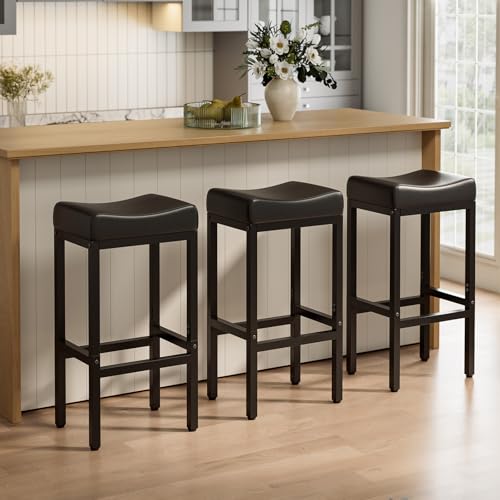 Image of Bar Stools Set of 3-24 Inch Counter Height Chairs for Kitchen Island, Leather Seat with 400 LBS Heavy-Duty Metal Frame and Adjustable Feet, Easy to Assemble for Bar, Cafe or Dining Room,Black