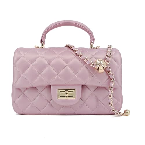 Image of M-ioi-M Small Quilted Crossbody Bag for Women, Genuine Leather Mini Shoulder Flap Purse with Gold Chain Strap & Top Handle