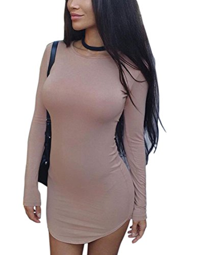 Yonala Womens Irregular Hem Long Sleeve Dress Solid Bodycon T Shirt Mini Dress Coffee