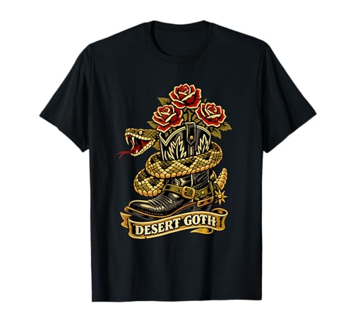 Desert Goth Tattoo Flash Rattlesnake Roses T-Shirt