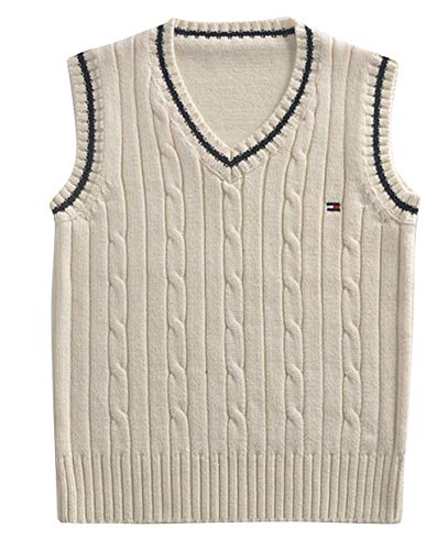 Binse Baby Boys Girls Cable Knit Sweater Vest Kids Winter Pullover V-Neck School Uniform Cotton Top Sweatshirt Beige 2-3 Years