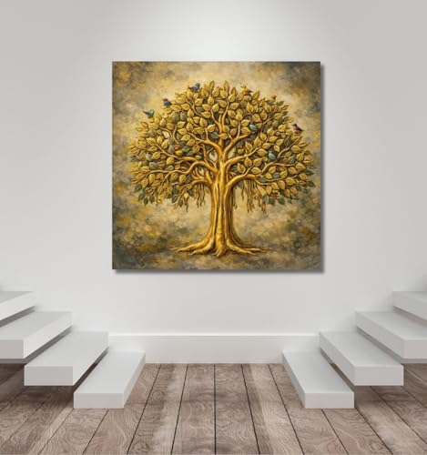 Image of Kunj Cart Kalpavriksha Tree Painting | 8+ DESIGNS | Kalpvriksh Tree Wall Painting | Lucky Tree Wall Art For Living Room, Bedroom and Office Decor | Canvas Painting for Wall Decoration (Design - H, 24x24 Inch, Framed)