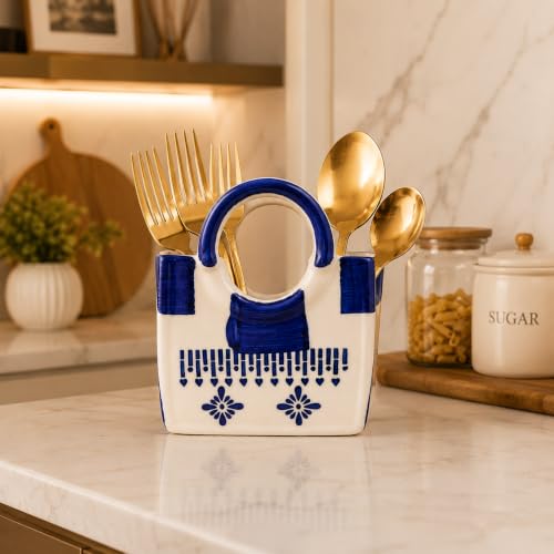 Image of Ceramic Utensil Holder, White Kitchen Organiser, Cutlery Set Holder (Blue Floral)