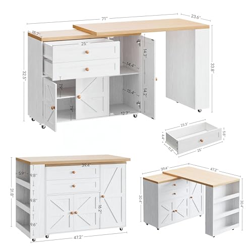 Image of IRONCK Rolling Kitchen Island with 360 Swivel Table and Storage, White | Engineered wood kitchen cart with 2 drawers, adjustable cabinet shelves, 3-tier Spice rack and 7 swivel casters for kitchen