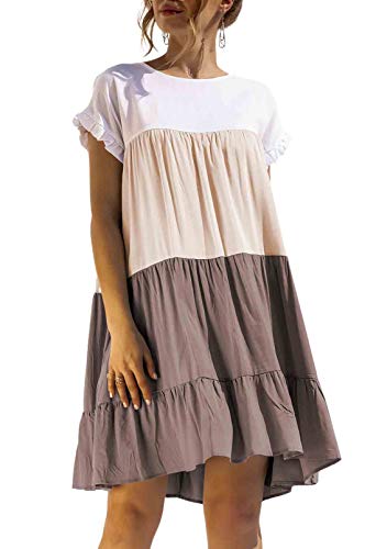 Pink Wind Women s Babydoll Short Sleeve Mini Dress Ruffle Color Block Casual Loose Swing Dress Apricot M