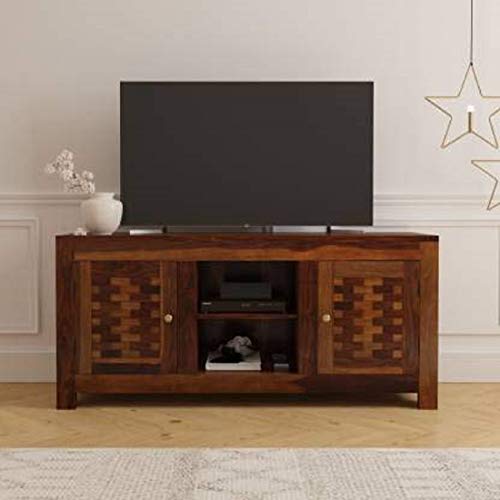 Image of Sheesham Wood Entertainment TV Unit Cabinet with 2 Door and 2 Shelf Storage for Home Living Room Solid Wooden Furniture for Hall & Office Decor - (Brown Finish)