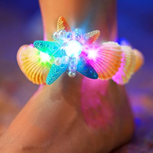 Image of LED Light Up Beach Anklet with Seashells, Starfish Design, Pearl Beads