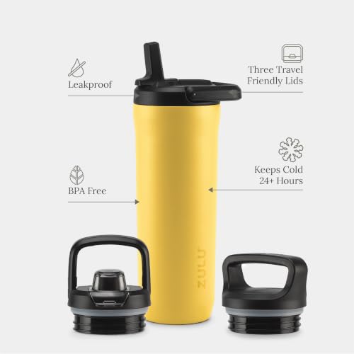 Image of ZULU Base 18oz Kids Stainless Steel Water Bottle with 3 Lids- Straw, Chug, Twist | Double Walled and Vacuum Insulated Metal Thermos | Fits Car Cupholder, Built in Carry Loop, Dishwasher Safe, Vitamin