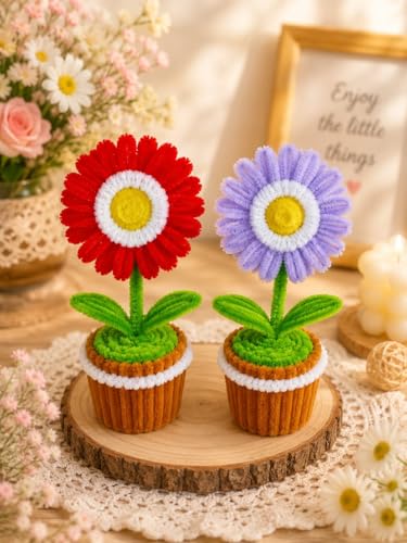 Haute Crafts 2pcs Aster Flowers Pot (Red & Purple) Pipe Cleaner F...