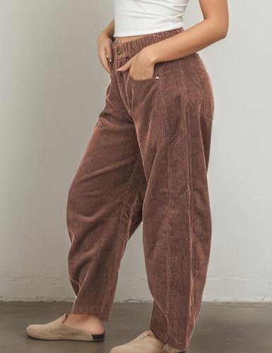 Womens Corduroy Pants Mid Rise Barrel Jeans Casual Baggy Wide Leg Cropped Ankle Pants with Pockets Fall Winter 20252