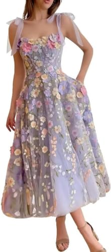 Jamille 3D Floral Prom Dresses 2024 Tulle Gowns with Pockets Long Spaghetti Strap Formal Dress Tea Length Fairy Gown JA0011 C