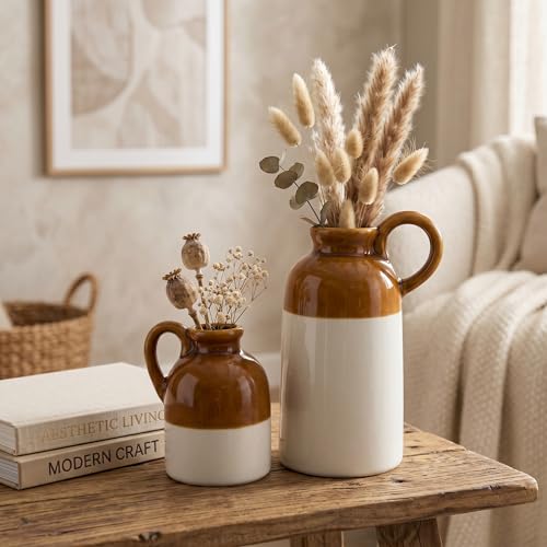 Image of PUREZENTO Ceramic 'Vintage Jar Vase' - Set of 2 (3.0 & 5.5 Inches) | Rustic Flower Vase for Pampas Grass, Dried Flowers & Table Decoration | Decorative Vase Set for Home Decor, Office, Living Room