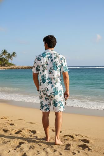 Image of Zilcon Men's Matching Set Summer Beach 2 Piece Outfits Floral and Palms Button Down Shirts and Shorts Goa Vacation Outfits