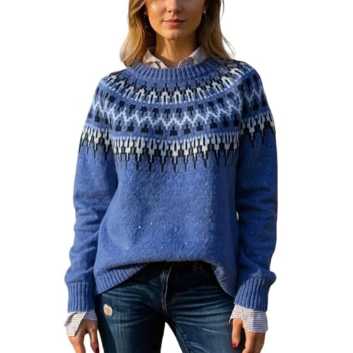 ZHENDEGL Norweger Pullover Damen Elegant Winterpullover Strickpullover Original Oversize Islandpullover Strickpulli Warm Langarm Feinstrickpullover Damenbekleidung 01-Königsblau