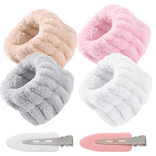 4 peças bandas de pulso faciais, bandas de pulso respiráveis, pulseiras de spa, lavagem de pulso pulseira de toalha, 2 clipes de pátio, correia de lavagem de pulso para SPA, chuveiro, desportos (4