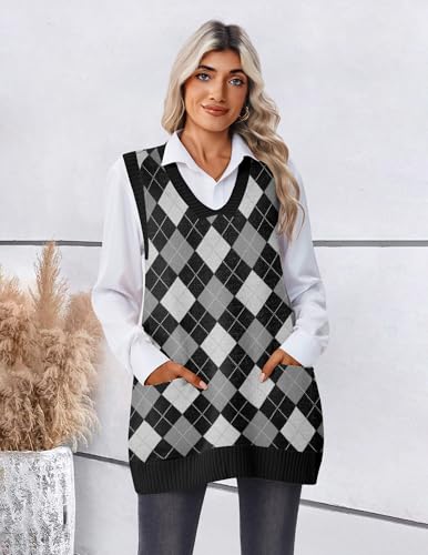 Zeagoo Argyle Sweater Vest for Women 2025 Fall Ribbed Knit Sleeveless Sweaters with Pocket2