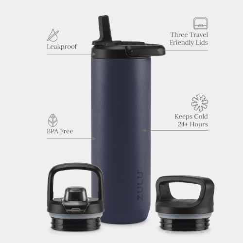 Image of ZULU Base 24oz Stainless Steel Water Bottle with 3 Lids- Straw, Chug, Twist | Double Walled and Vacuum Insulated Metal Thermos | Fits Car Cupholder, Built in Carry Loop, Dishwasher Safe, Navy